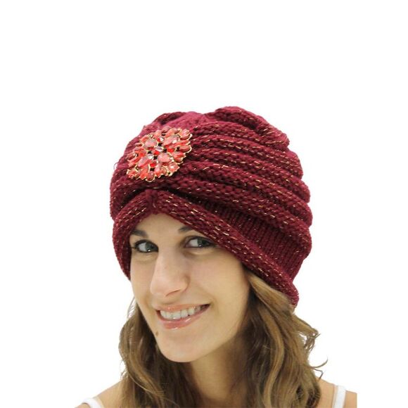 Knit Turban With Beaded Broach - Picture 2 of 8